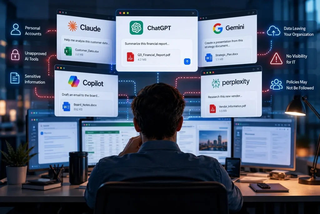 An employee at a desk surrounded by AI tools open at once, each with a sensitive file being uploaded