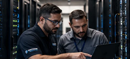 Pantheon engineers collaborating at a server rack