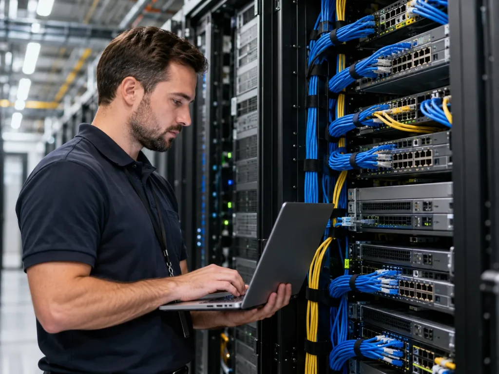 Network engineer working at a business server rack
