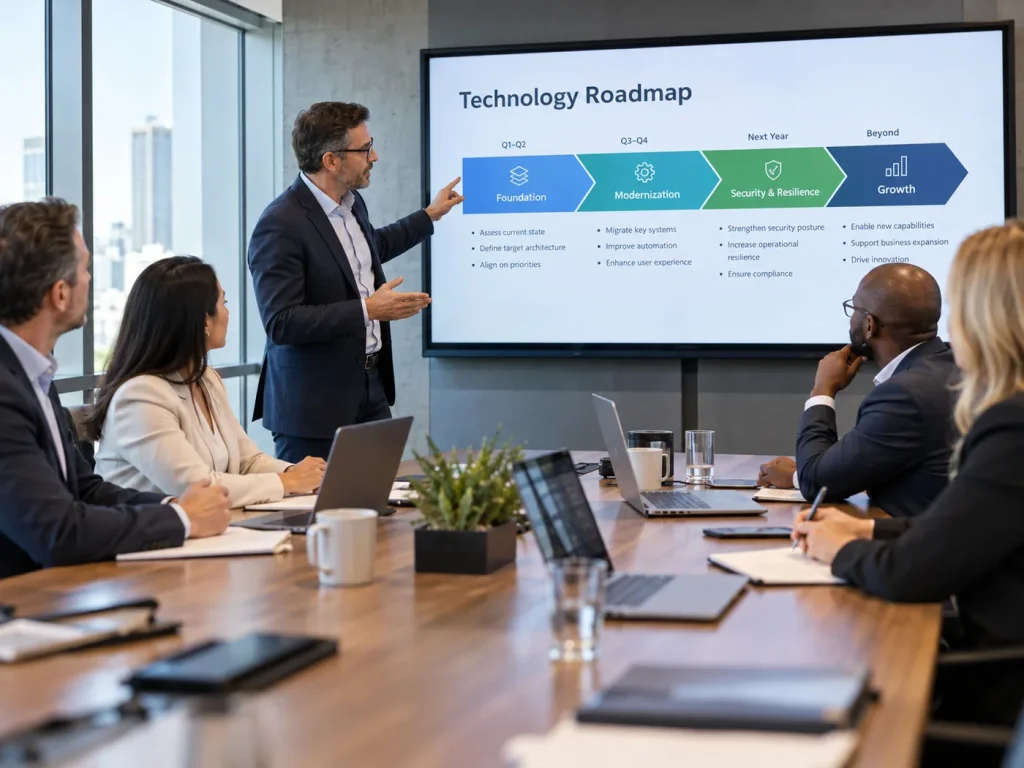 Business and IT leaders reviewing a technology roadmap