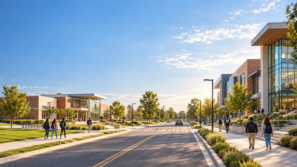 College campus walkway and academic buildings