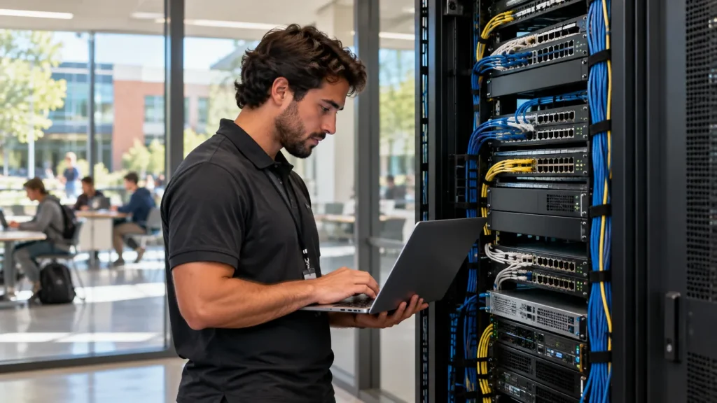 Network engineer working at a campus server rack