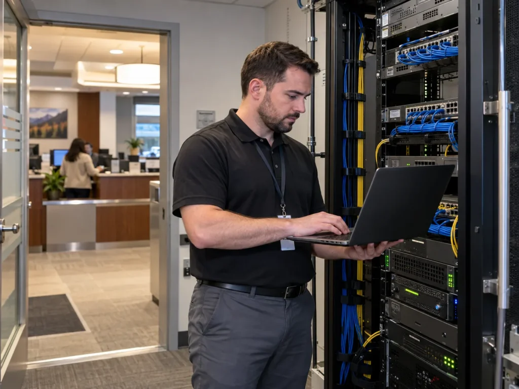 Network engineer working on equipment in a bank branch