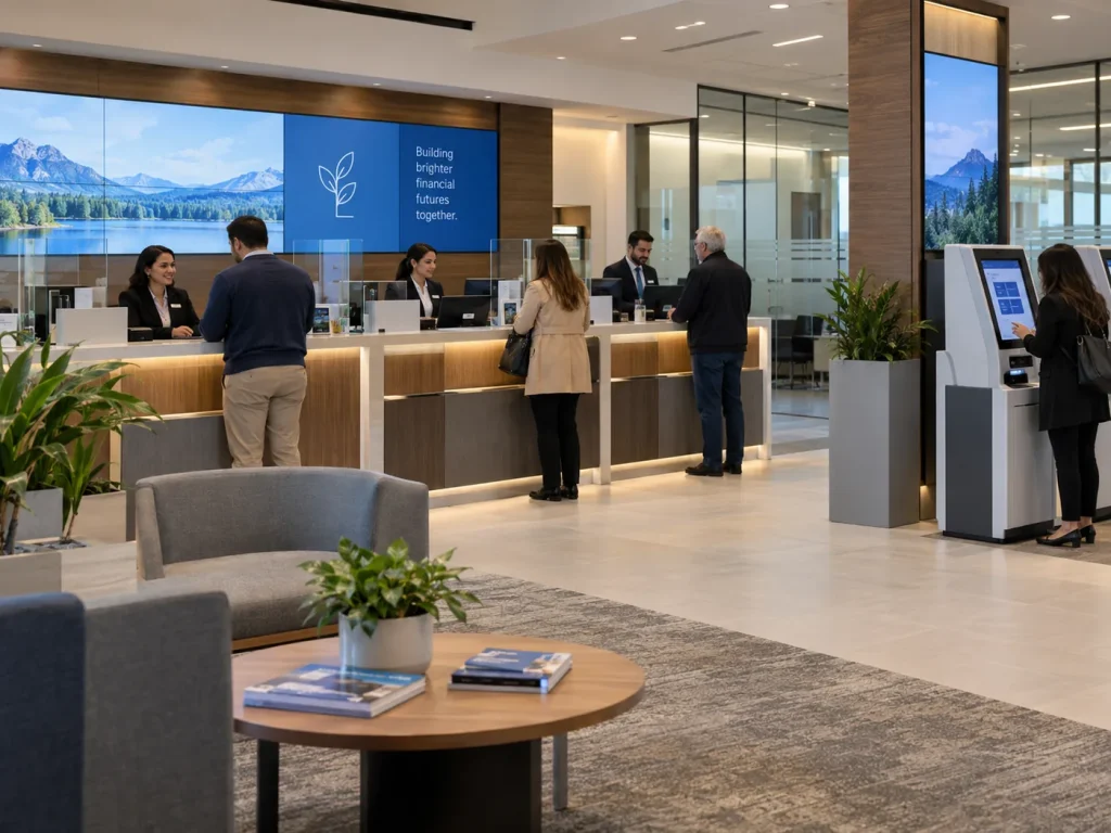 Bank branch lobby with teller stations