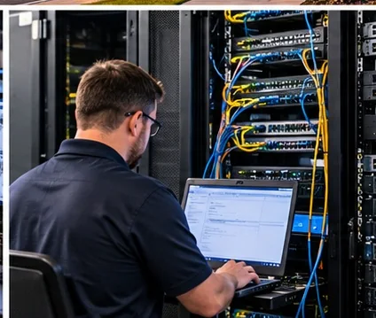 Network engineer working at a server rack