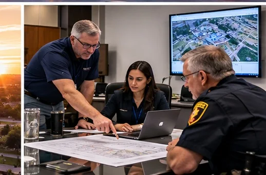 City IT staff and police leadership reviewing a network plan